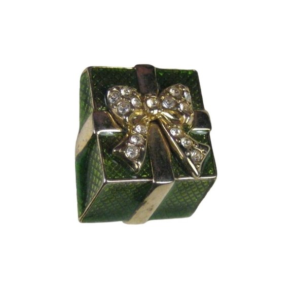 Present Gift Bow Guilloche Enamel Rhinestones Brooch Pin Goldtone Vintage 1 inch - Picture 1 of 10